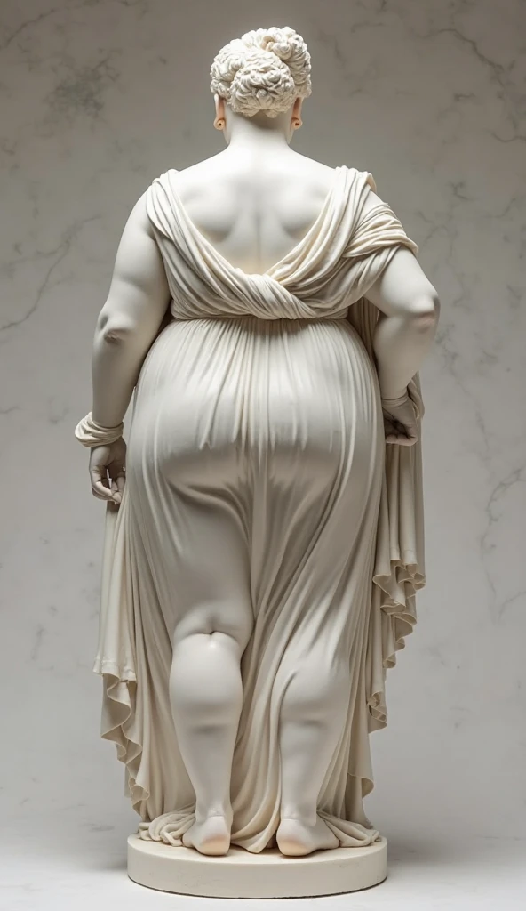 statue of a real woman full body, naked, without eyelashes, in white plaster, perfect mold, beautiful buttocks, blue sky