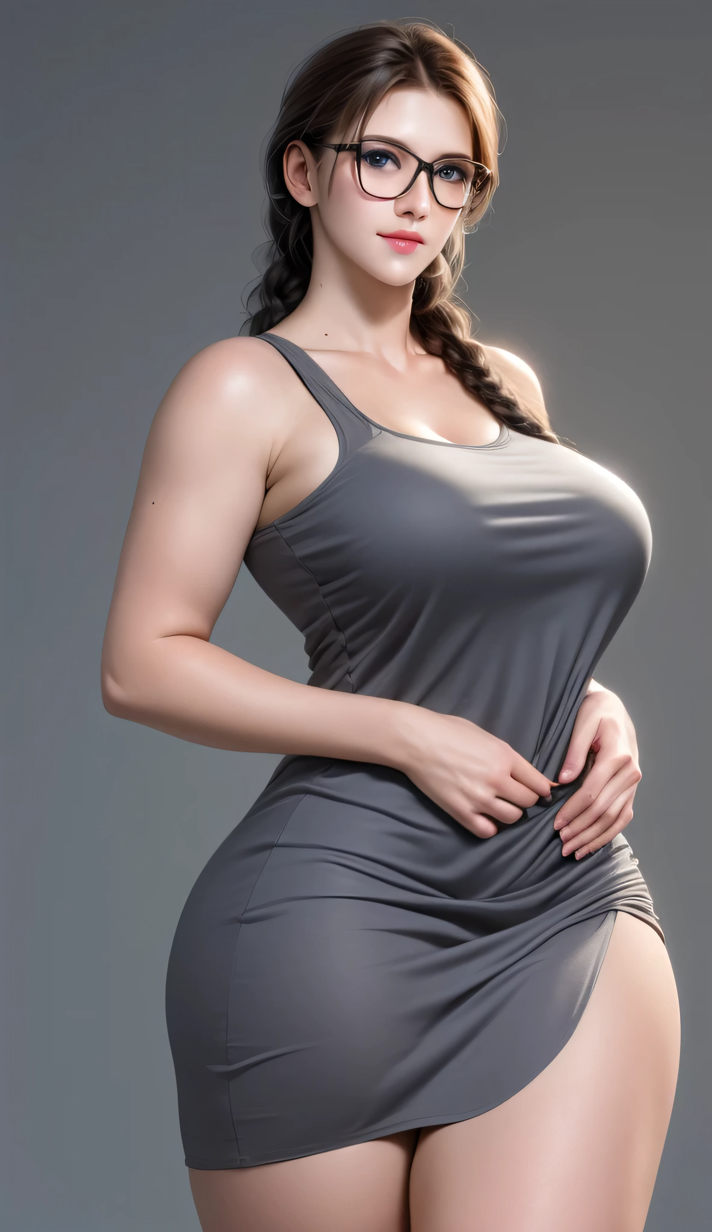 One Beautiful Young Ukraine Cute Women, 19 years old, Tall 1.65 Meters, Large Framed Beautiful Mature Women: 1.6, Big-boned: 1.55, Very Beautiful Young Mature Women, Mature and Charming, Big Soft body, Large and significant top body portrait: 1.65, Deep Dark Gray Colour Clothes, Loose Yarns Clothes, Smooth Collared Long Loose Hoodie, Beautiful simple Collared Loose Hoodie, Frontal body clothes covered, (Full covered dress: 1.5), (((Upon body from head to hips)), ((Masterpiece)), ((Highest quality)), (( Super realistic)), ((Ultra-detailed)), ((Illustration)), ((Detail intricated))), Hyper-realistic, Ultra-realistic, Highest resolution, 8K Wallpaper, Room soft light, Sweet fascinating smile, seductive and attractive appearance, Curvy Long Loose Hair, Dark Long braids hair, Long Braids Hair to the hips, Best Long braids hair details, Soldier stand, Lady standing posture and perfect balance, Look at the viewer and camera, Young realistic front face, Perfect face details, Wearing Transparent Glasses, Jewelry blue eyes, Beautiful and detailed eyes, Perfect captivating eyes, Perfect noses & ears, Perfect mouth & lips, Best facial balance, Perfect detailed fair skin, Glowing Skin, Natural Small Udder, Perfect balance, Wide shoulders and arms, Perfect balance shoulders, Balanced beautiful waists, Balanced beautiful hips, Perfect hands and Fair Skin, Perfect fingers, Perfect nails, Best image quality, Fine-grained image quality, Simple Grey colour background, Dark-Gray Background, Extreme details, Professional balanced large body, Fully Colth Covered Body, Plump Soft Appearcance, Entire body clothes covered, Exreme Cute Appearance, Fully Covered Dress with Short Sleeves, Deep Dark Gray Hoodie Dress, When view from the front, the whole body is perfect lady standing posture, look direct at the viewer, both hands hanging down naturally, Frontal Body Posture Standing, Soilder Straight Standing Posture, Best Fingers Details,