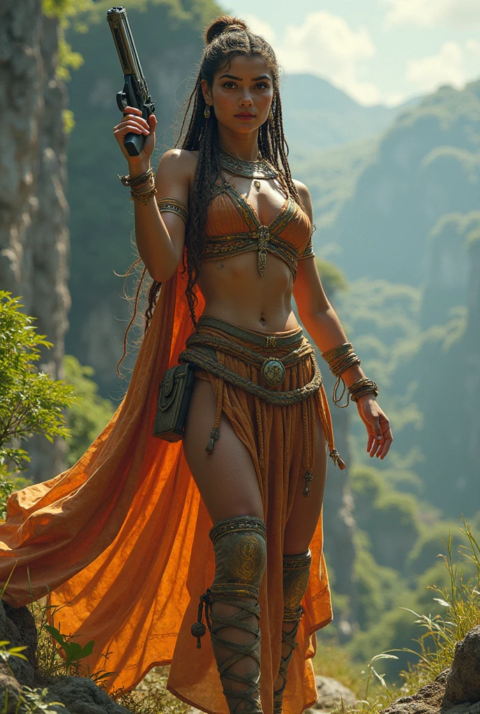 A YOUNG WOMAN, young GIRL, Queen Borneo Forest, strange, contains secrets, a mysterious creature, has big bat wings, pitch black, clothes made from the skin of a wild bull full of blood, flat facial expression, cold glazed eyes, on her head grows very large stag antlers, tied His waist is made of tree roots, he wears trousers made of dragon skin, his arms are covered in three layers of thick tree bark armor, and on his left and right arms are bracelets made of cream jade. In his left and right hands he holds daggers made of sparkling marble. Her shoes were made of elephant skin, and the beautiful young woman wore a covering made of male crocodile skin around her neck. original photos, real, natural, professional photography. Background, shady forest, giant and very old tree trunks, damp, mossy.
