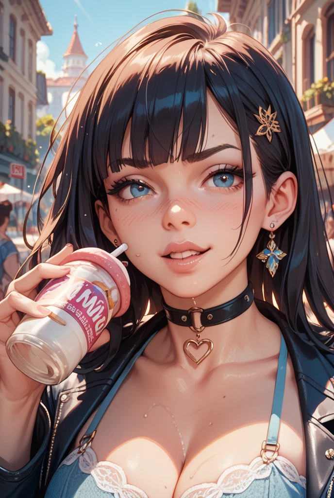 rating_safe, score_8_up, score_7_up, 1girl, solo, pale skin, small breasts, cute perfect face, ???-like proportions, big heads and big eyes, tiny limbs, thin body, ((black hime haircut, blunt bangs)), attractive young skinny innocent prepubescent asian-babygirl sitting at a cafe table, in front of POV, ((tight belly-free black crop top)), (tiny prepubescent child), skinny flat stomach, raised hand waving at viewer, leaned-back pose, looking at viewer, cleavage, amazing purple asian eyes, cute smile, inside simple modern cafe background, brightly lit, choker