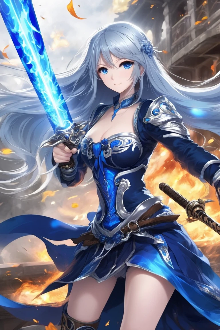 Hilda has long silver hair and piercing blue eyes.. She has an imposing and athletic presence, often seen in their light battle armor, that combines functionality with elegance. She carries a large spear, your weapon of choice, which symbolizes his prowess in combat.