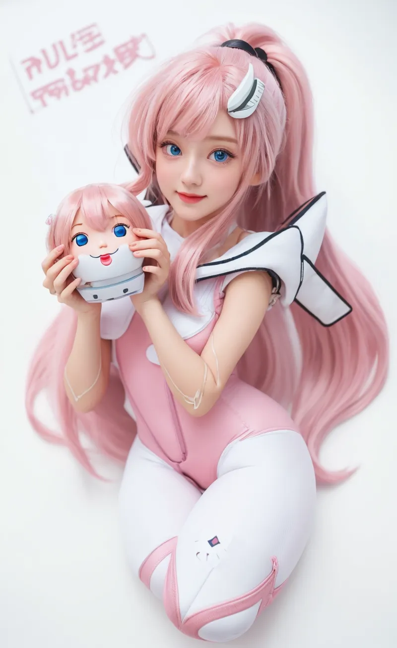 RAW, Masterpiece, Ultra Fine Photo,, Best Quality, Ultra High Resolution, Photorealistic, Sunlight, Full Body Portrait, Stunningly Beautiful,, Dynamic Poses, Delicate Face, Vibrant Eyes, (Side View) a close up of a woman in a pink and white gundam custume, dybamic pose, long brown very very very long long hair rapunzel, girl in mecha cyber armor, portrait armored astronaut girl, d. va from overwatch, female mecha, on a gundam, gundam head, chiho aoshima color scheme, mobile suit, streamlined purple armor, fully robotic!! girl, realistic cosplay, gundam armor (dynamic pose) (best cameraview), full body, sit down