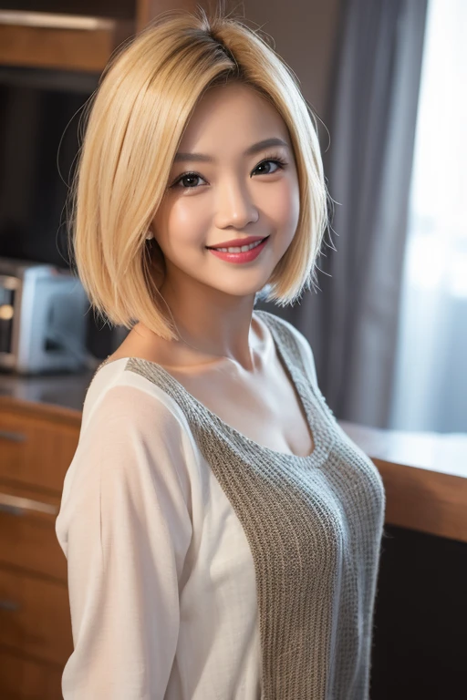 she is a cute nurse、Blonde short hair、Silver Eyes、Big eyes、Cute Smile、Photographed inside the cafe