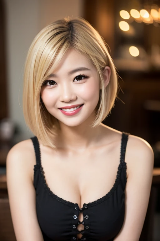 (masuter piece:1.3)、(8K、Photorealsitic、Raw photography、top-quality: 1.4)、(1girl in)、beautiful countenance、(Lifelike face)、(a blond、short-hair:1.3)、Beautiful hairstyle、realisticeyes、Beautiful details、(real looking skin)、Beautiful skins、(Thin T-shirt)、absurderes、enticing、超A high resolution、A hyper-realistic、high-detail、the golden ratio、Sheer areola、Emphasis on breasts、Smile with open mouth