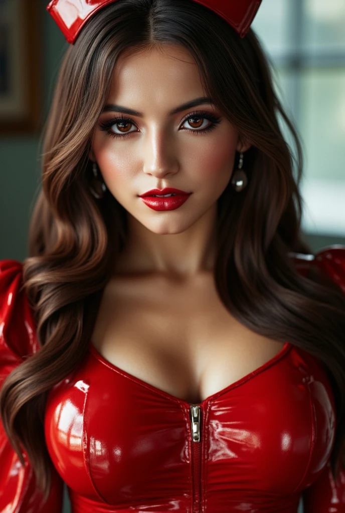 beautiful tall girl, wearing all leather, red lipstick, sexy look, mouth half open