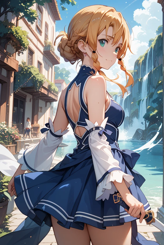 Violet, 1girll, Solo, view the viewer, Blue eyes, Blonde hair, (((Greek clothes))),,((((Bare back)))),(((looking at viewert))),(((Blue sky)))(((Large breasts)))
