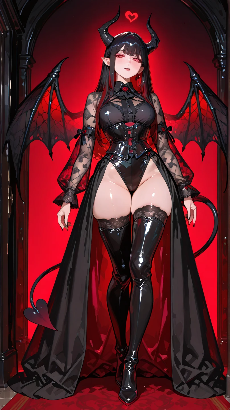 Goth girl, Goth girl 1girl 1girl, solo, adult, long hair, looking at viewer, smile, simple background, black hair, jewelry, white hair, multicolored hair, earrings, choker, red eyes, glowing eyes, necklace, blood, two-tone hair, tattoo, fangs, piercing, ear, piercing (full body:1.5) black stockings, facial tattoo, fantasy hotel, hotel background, night, gothic style, big moon thru window, demon horns, gothic dress, demon wings, 