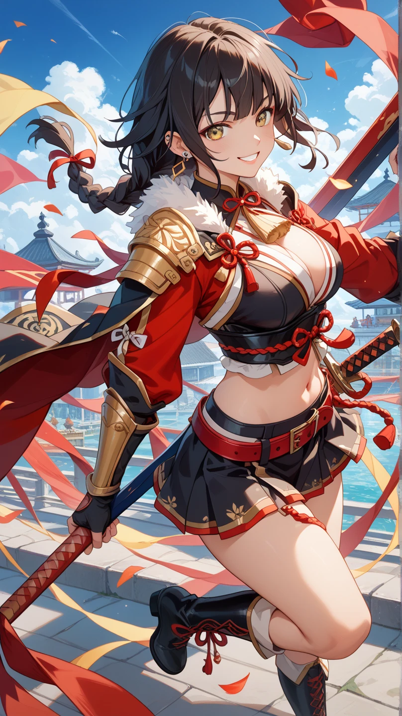 Peerless beauty,Perfect slim body,Mature royal sister face,Double ponytail curls,Knight armor,Sexy and seductive,Nice face,Full body like,4K quality,Feminine expression,Blush shyness,Star-like deep eyes,Huge breasts,short miko skirt,Knife pulling posture。Overflowing bust,Fight Warcraft,speed lines,the best quality t,A Masterpiece,Magnificent background,On the battlefield,Clothes are broken