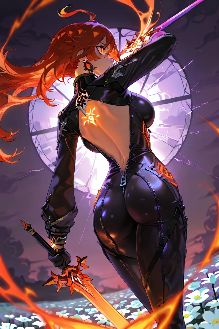 1girl,solo,super detailed skin,shiny skin,expressionless face,lips gloss,eyelashes,glowing red eyes,red hair,blunt bangs,sidelocks,a braid,large breasts,body suit,Shinobi clothes,black boots,fishnet,standing ,simple background ,from behind ,fire magically ,masterpiece,best quality,ultra detailed,high resolution,sharp focus