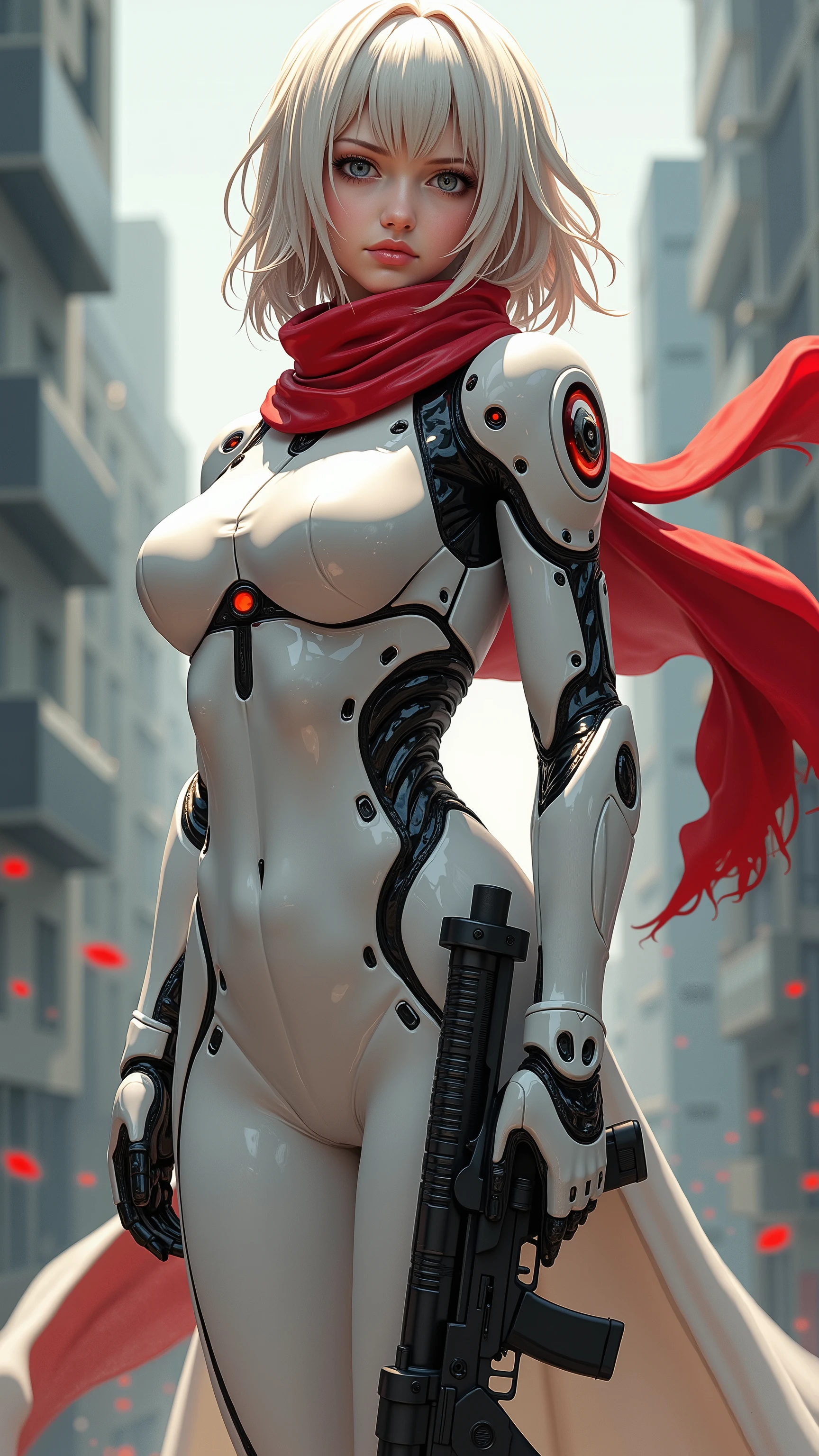  in high definition、長髪のCyborg 009 girl が街にいる, digital  Cyberpunk Anime Art , （Cyborg 009 girl ） white dress with red scarf 。 Mech,  female anime cyberpunk art ,  cute cyborg girl,   digital cyberpunk - anime art  ,  Cyberpunk Anime Art ,   cyberpunk,  anime style 4k with AK5 rifle,  perfect android girl , Cyberpunk beautiful girl, Beautiful girl cyborg。 ruined city。