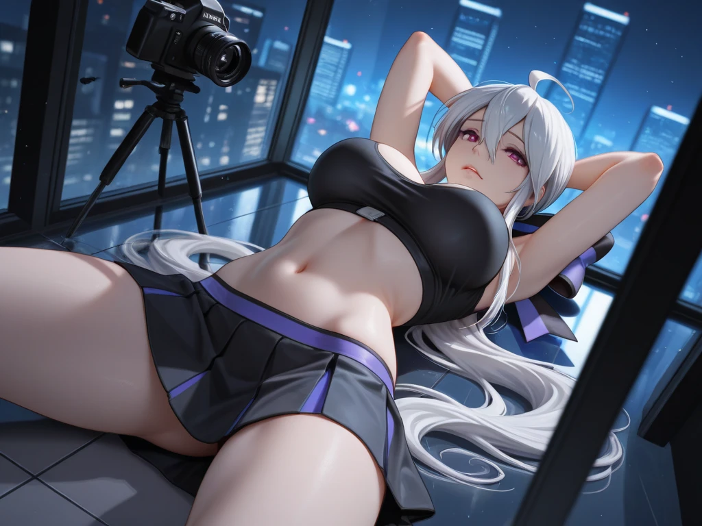 looking back, armpit, super high image, super detail, super high resolution, anime, manga, illustration, beautiful woman, white glossy short french braid hair, blue big sparkling sharp eyes, red alluring moist thick lips, ecstatic expression, amorous expression, seductive look, flat chest, under boob, side boob, perfect proportion, slender, full body, dark blue thong swim suit, transparent, pool side, professional lighting