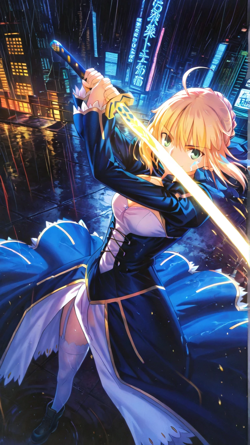 vampire girl on top of blue sky and behind full moon surrounded by night sky, arcueid brunestud, 1girl, solo, long skirt, blonde hair, skirt, moon, short hair, sweater, full moon, red eyes, pantyhose, torn clothes, purple skirt,arcueid