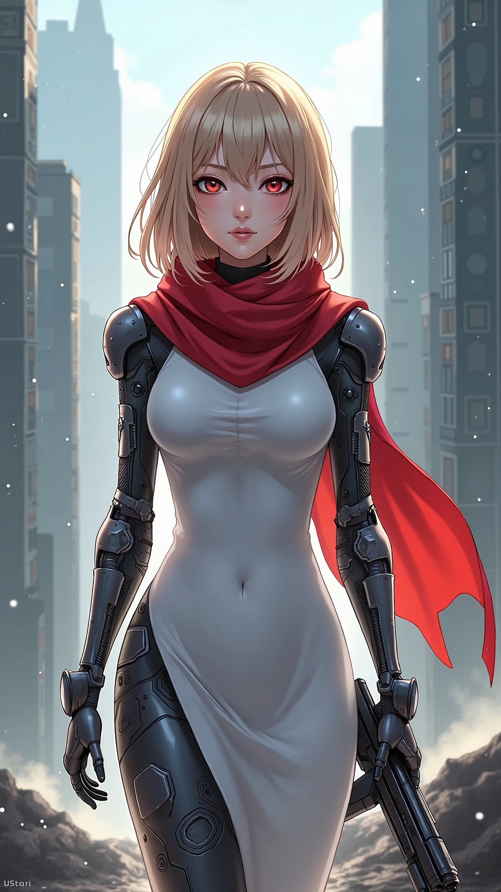  in high definition、長髪のCyborg 009 girl が街にいる, digital  Cyberpunk Anime Art , （Cyborg 009 girl ） white dress with red scarf 。 Mech,  female anime cyberpunk art ,  cute cyborg girl,   digital cyberpunk - anime art  ,  Cyberpunk Anime Art ,   cyberpunk,  anime style 4k with AK5 rifle,  perfect android girl , Cyberpunk beautiful girl, Beautiful girl cyborg。 ruined city。