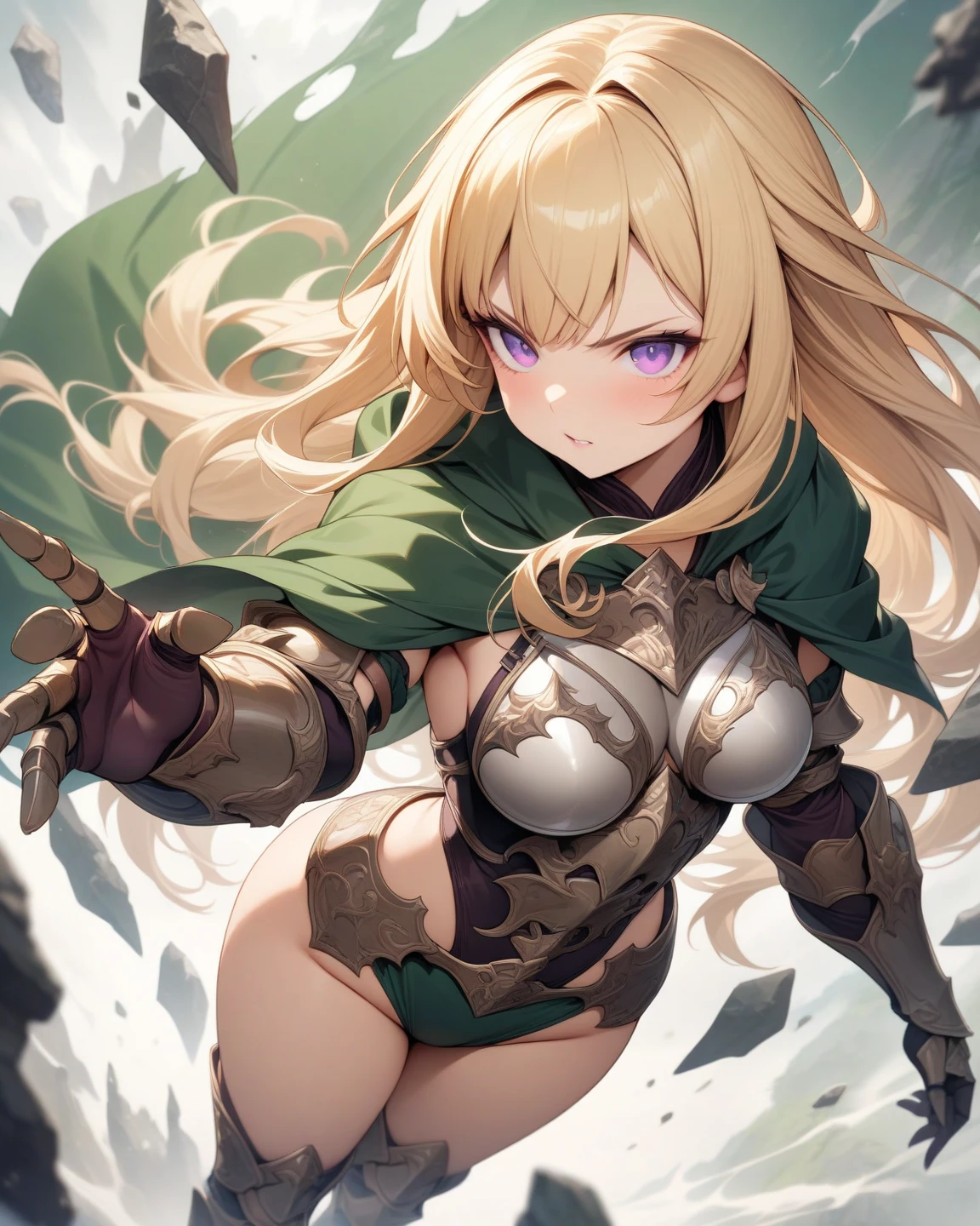 Solo, female, sfw, medium shot, brown hair, long hair, wild hair, moose antlers, huge woman, muscular, large breasts, ((armor)), green eyes, torn cape, winter, forest, freckles, shy smile, shy pose