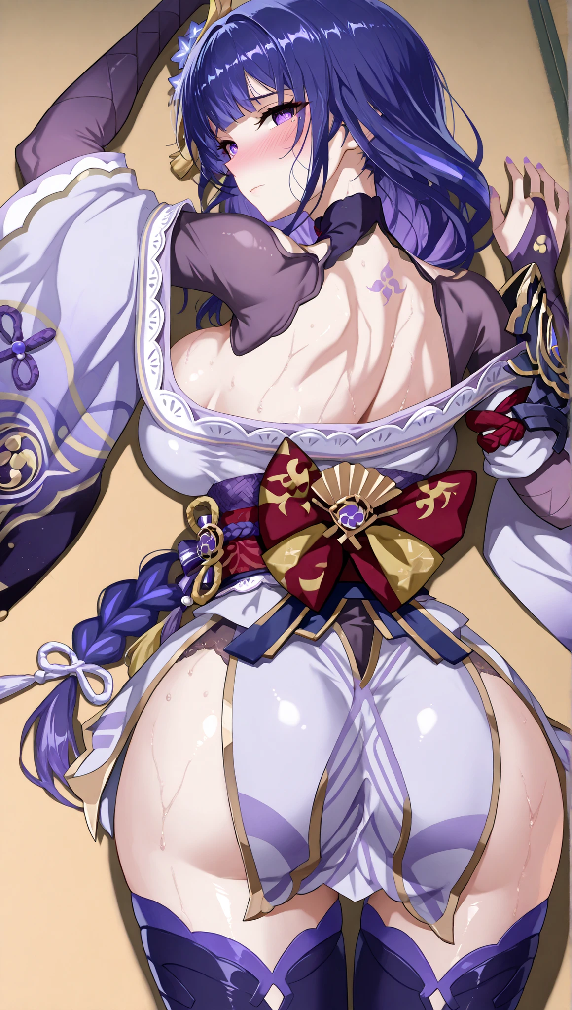 (masterpiece, best quality:1.2), 1girl, solo,standing_split,
raiden_shogun (genshin impact), dark purple hair, long hair, single braid, hair ornament, hair, big breasts, purple eyes, sharp eyes, long eyelashes, cleavage,zettai ryouiki, (tight dress), kimono, cleavage, lighht purple kimono, detailed kimono, leggins, black leggins, black ppantyhose,