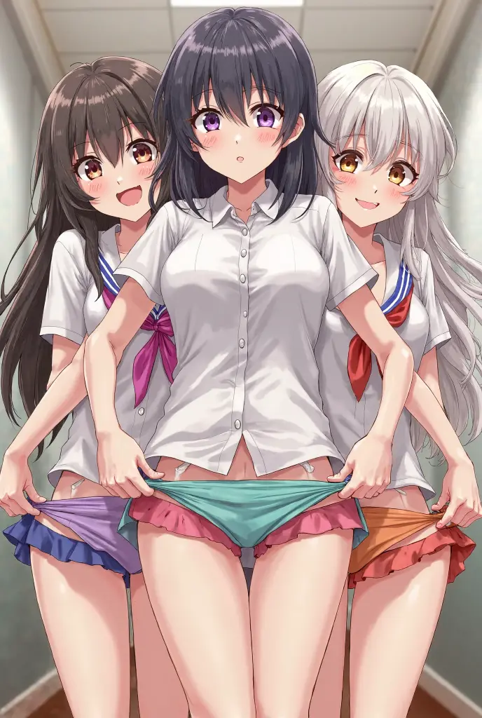 ,(Skirt lift, lifted by self, Show off panties:1.2),school shirt, (group selfie), wide angle
, wide angle,(masterpeace, best quality), (3girls), 19yo, school locker room, lift up skirt,skirt, Collar, long sleeve,  bow ribbon, ties,white Loose socks,mini skirt,Dark blue skirt,dark blue Pleated skirt,dark blue Pleated skirt,{{white loose socks}},NSFW,lace panties,,selfie, ,naughty smile,smirk,furious,smug,open mouth,,{shaded face},((masutepiece,hight resolution)), best lighting, best shadows,low angle,shoot from below