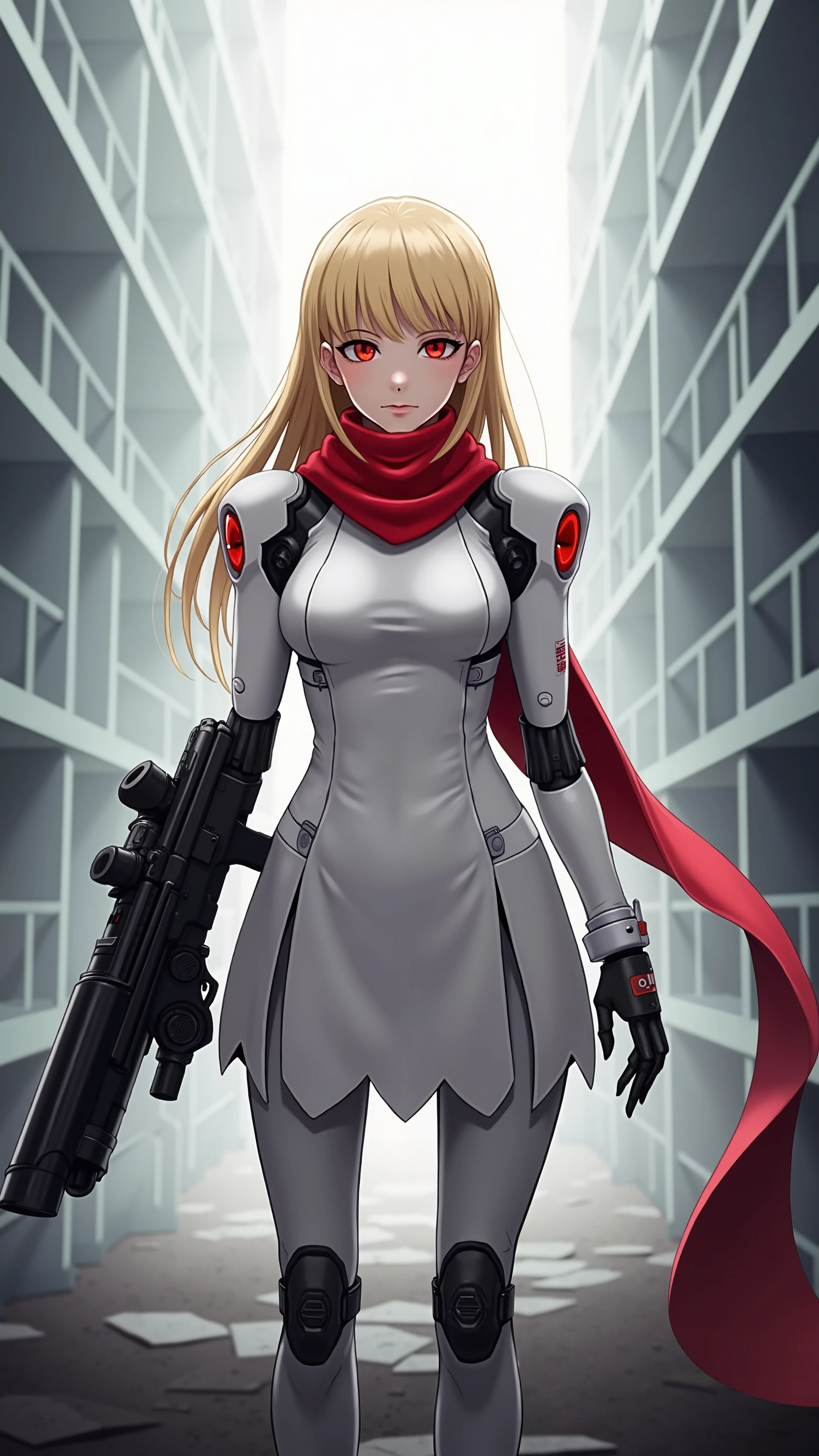  in high definition、長髪のCyborg 009 girl が街にいる, digital  Cyberpunk Anime Art , （Cyborg 009 girl ） white dress with red scarf 。 Mech,  female anime cyberpunk art ,  cute cyborg girl,   digital cyberpunk - anime art  ,  Cyberpunk Anime Art ,   cyberpunk,  anime style 4k with AK5 rifle,  perfect android girl , Cyberpunk beautiful girl, Beautiful girl cyborg。 ruined city。