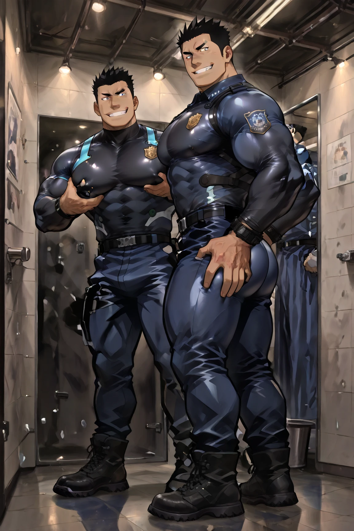3 characters in the scene (Muscular man, sexy). 3 muscular policemen, huge chests, muscular thighs, huge biceps, obscene expression, all smiling, masculine faces. The three policemen are in a prison cell, wearing police caps, badges, police uniform, sexy pose.