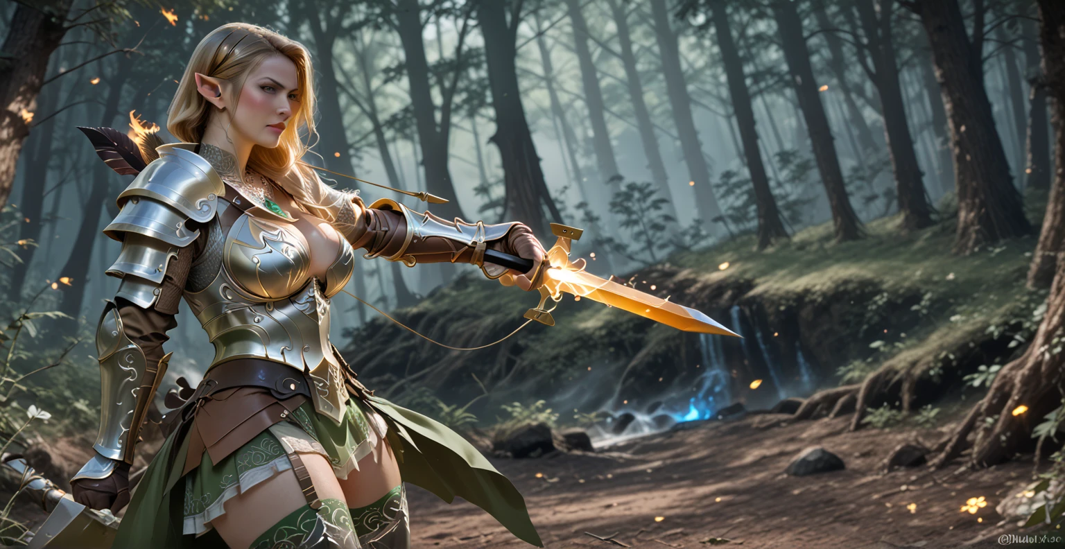 ( Qualidade 8k ), ( Melhor qualidade ), ( Ultra HD ), ( Anatomia dos personagens perfeitas ), ( perfect  lighting ), ( Foto corpo inteiro 8k ), ( Detalhamentos perfeitos ), ( Detalhes dos personagens perfeitos ), ( Details of the perfect setting ), ( Obra Prima ), ( Depth of scenery ), uma Elfa mulher muito linda, com arco e flecha em uma floresta, Elven Warrior, Arqueira florestal feminino, forest hunter lady, Elven Epic Warrior, com arco e flecha, Goddess of the hunt, elf dressed in beautiful female hunting clothes, female archer, arte do personagem de fantasia, Elfa Guerreira, bela arte de fantasia, forest scenario