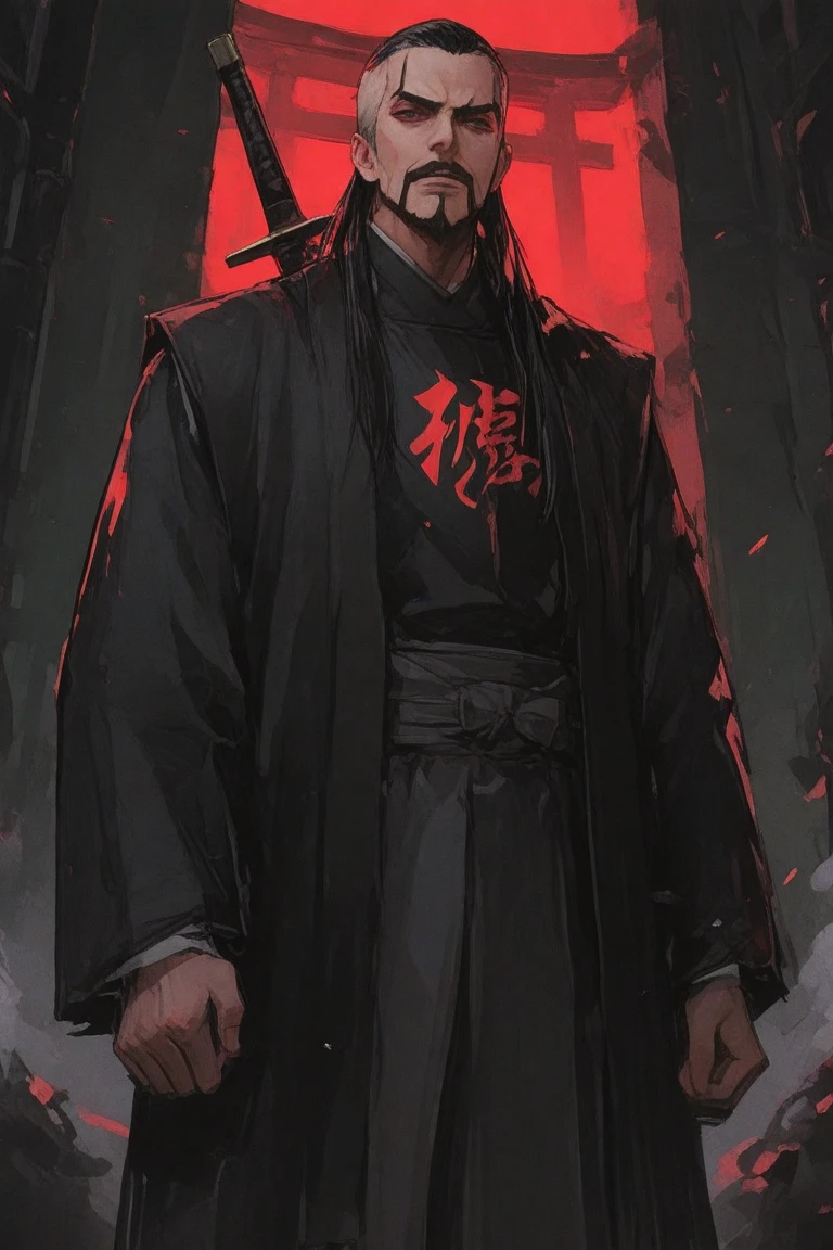 A male with medium-length black hair (tied into a ponytail), blood-red eyes, slightly pale skin, a slender figure, an evil expression (the corners of his mouth are raised),Prisoners (in prison uniforms), detailed scenes (in cells, chained)