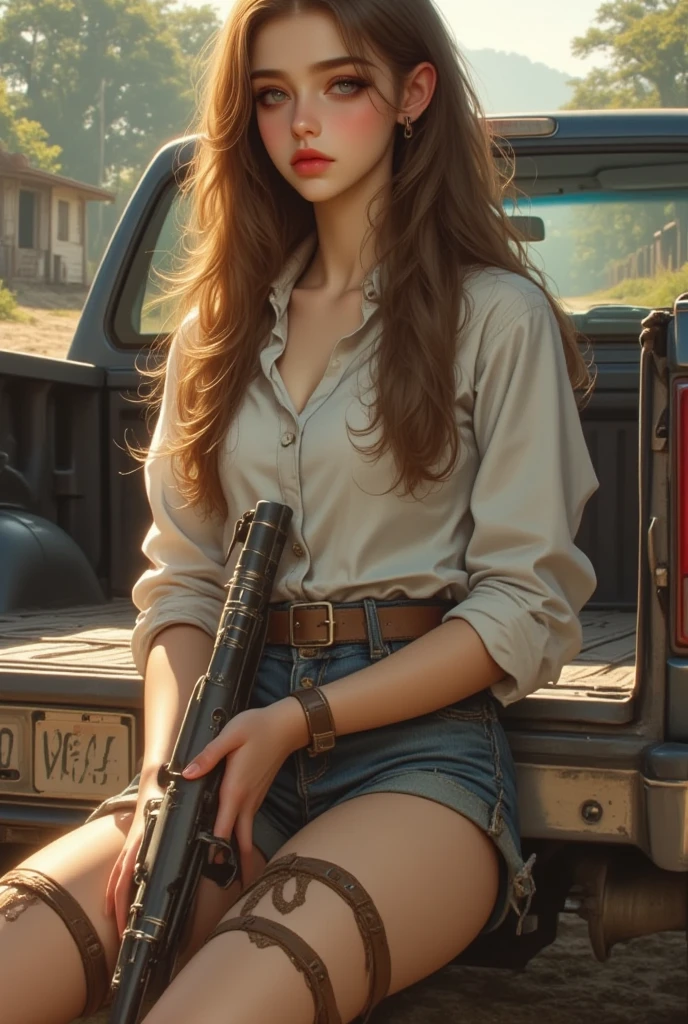 8K,Realistic Photo、Realistic Skin Texture、Superrealism、Japanese woman living in America、Operation、In a mid-sized American city、Old brick building、mortar、Loose Fit T-Shirt、Denim pants、Dirty sneakers、Hunting rifles、Dirty alley、Baseball Cap、Crouched in the bed of an old pickup、Natural pose、Innovative composition
