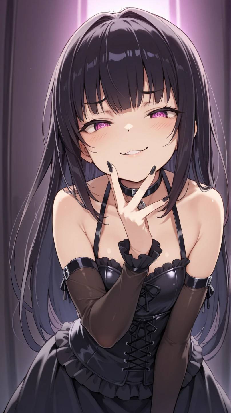 beautiful, masterpiece, highest quality, HiqCG Body, anime, (1 Girl:1.5), (Small breasts:1.2), View your viewers,Wet Skin, horn,Intricate details, Little Woman, Her eyes were shining like dreamy stars.,(Shining Eyes:1.3),(Beautifully detailed eyes:1.1)、[[Delicate fingers and hands:0.55]::0.85],(Detailed reference),(Eyes are bright purple,(Sharp Eye:1.3), (tsurime:1.5), Twin tails,Straight Hair,(Asymmetrical bangs:1.2),(Blunt Bangs:1.3), (hairpin:1.2), Lolita, Young face,Childlike,Small devil,Succubus,Vampire,Double teeth,Small horn), (Black fishnet top:1.5),(Disheveled clothing:1.5),(yandere:1.1),(yandere smile:1.3),(smirk:1.3) ,(Sharp Eye:1.3),horn,Eyes are bright purple,