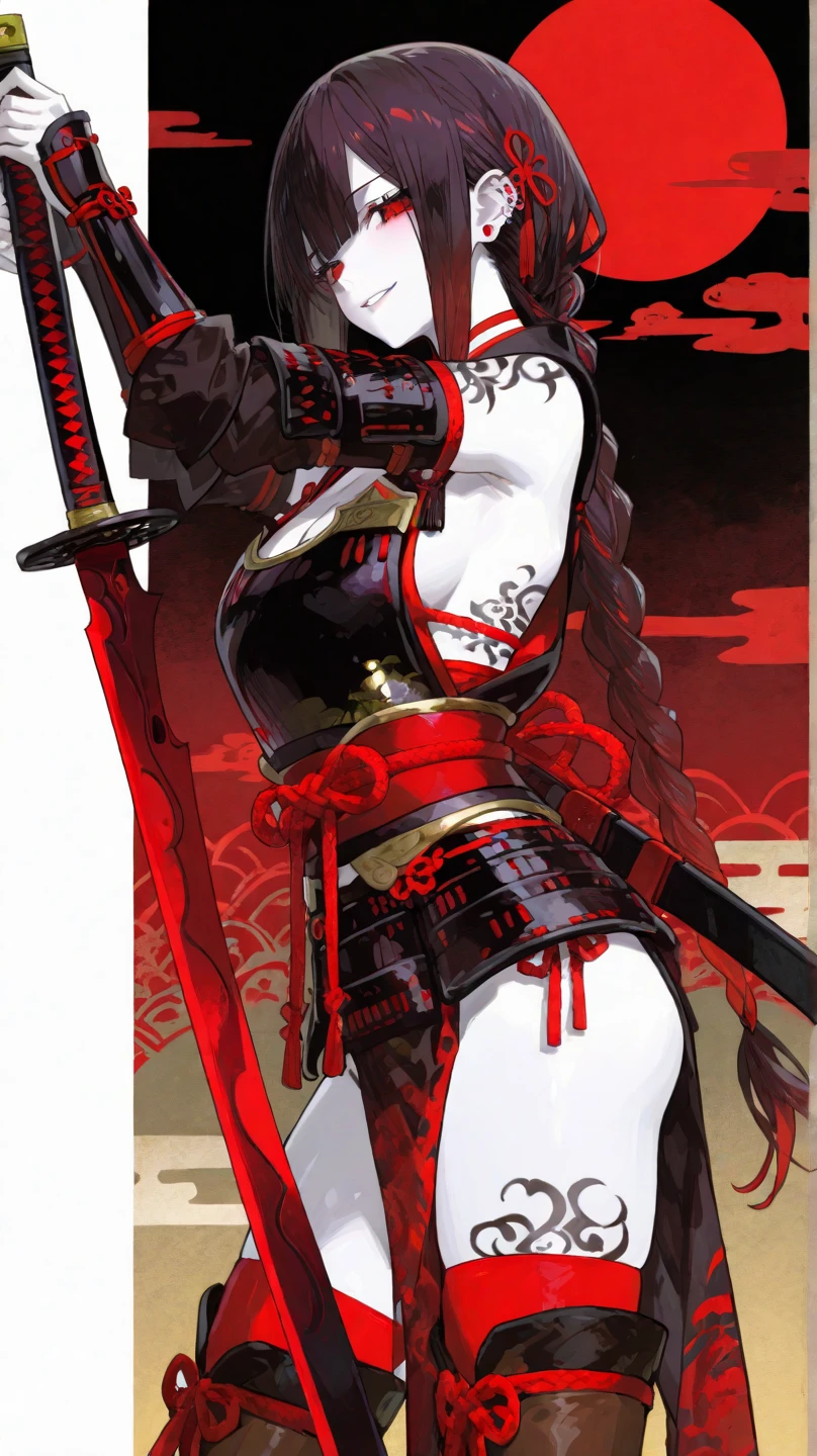 1 girl(dark haired、lots of ribbons、braided hair、Clear White Skin)、standing like a model、black Japanese armor(Armor with multicolored patterns、red belt)、black shoulder strap (yellow and red thread)、big Japanese sword(thick blade) 、Fearless Smile、brown long boots、piercings、like on the back wall々What flag(Sengoku warlord's flag)、masterpiece、top quality、