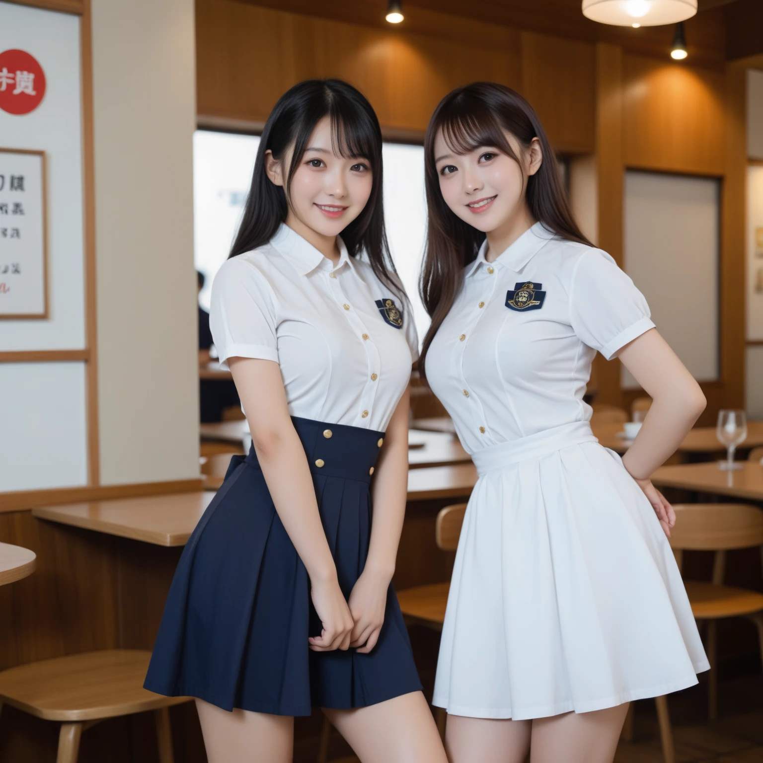 Highest quality、masterpiece、8K、Very detailed、Realistic、(Young face:1.4)、(Looks like an elementary school ???:1.4)、(Two girls are sitting side by side)、(Looking at me with a mischievous smile)、whole body、(Big Breasts)、Thin and beautiful legs、Tight and slim waist、(Waitress uniform with buttons and collar:1.2)、(Light blue plaid mini skirt:1.1)、Short Hair、(Erect nipples:1.1)、apron、restaurant