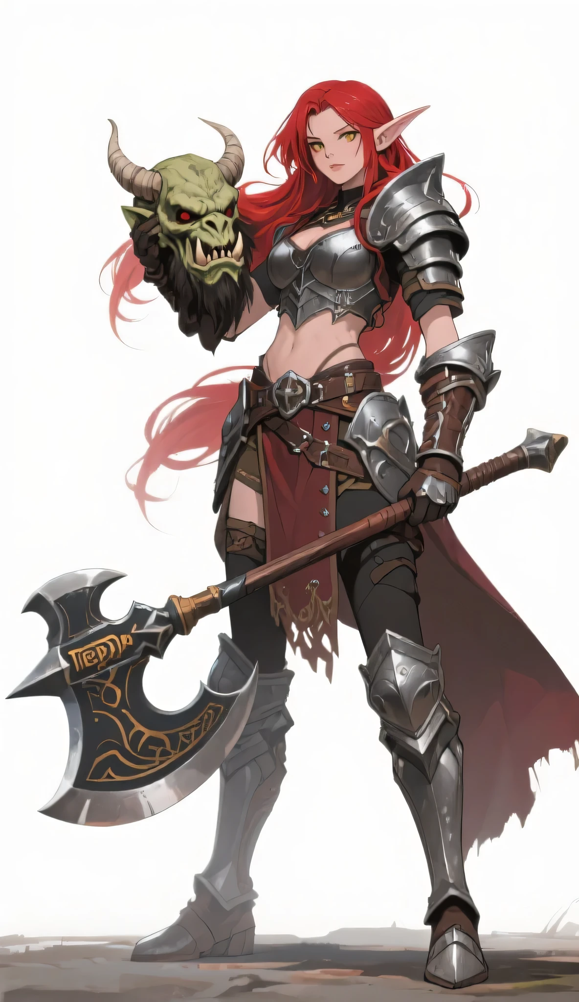 (Fraction_9,Fraction_8_Direction_7_up),1 a woman,（（（bust）））, barbarian，Olaf，Beast head，Cloaked in animal skins，Leather Armor，Yellow Hair，With an axe，Bone necklace，Iron Mask