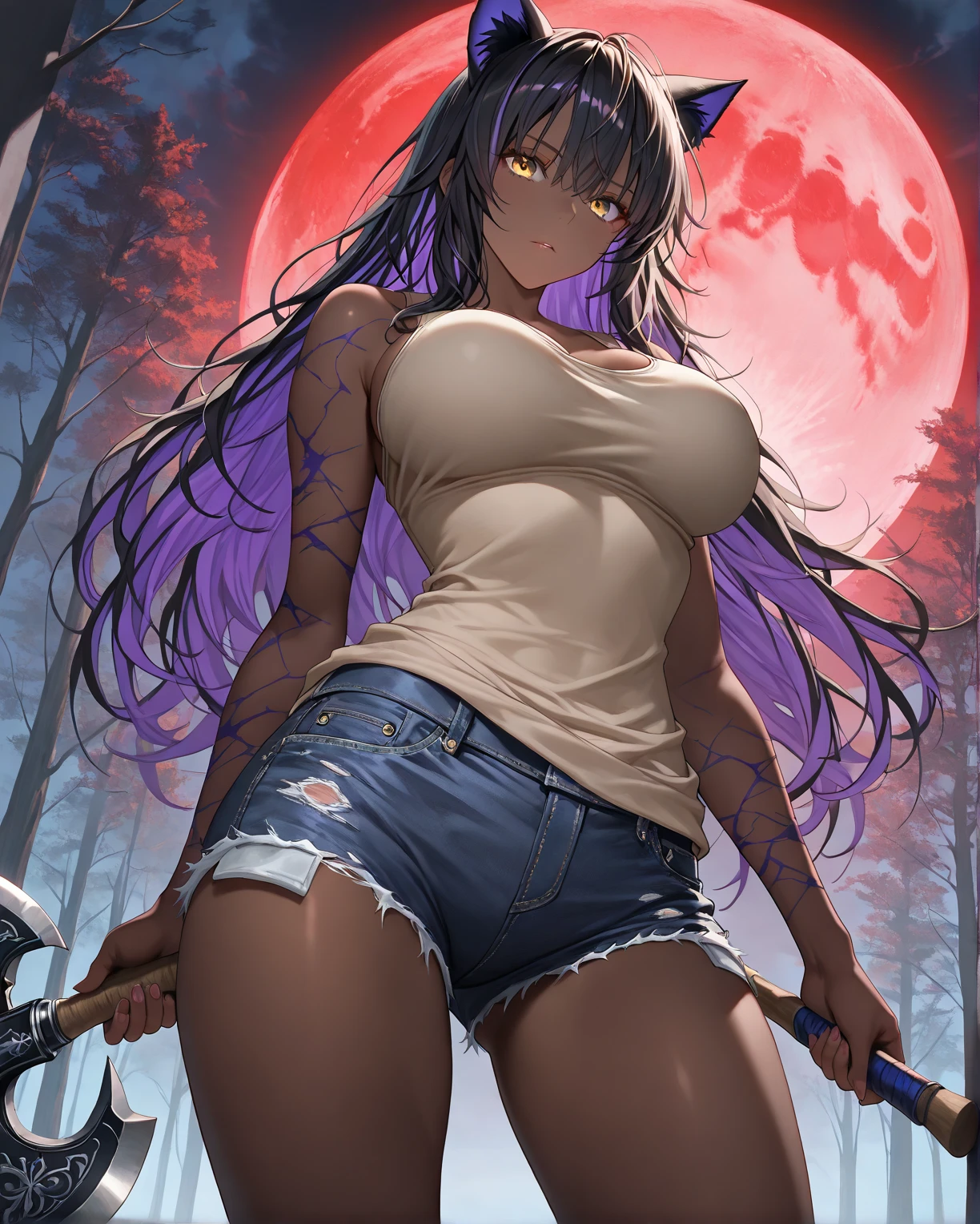 Forest witch girl, driftwood staff, dynamic pose, It's night all around, Dense forest, fireflies, moon, super detail, tattoos all over the body, shine, 