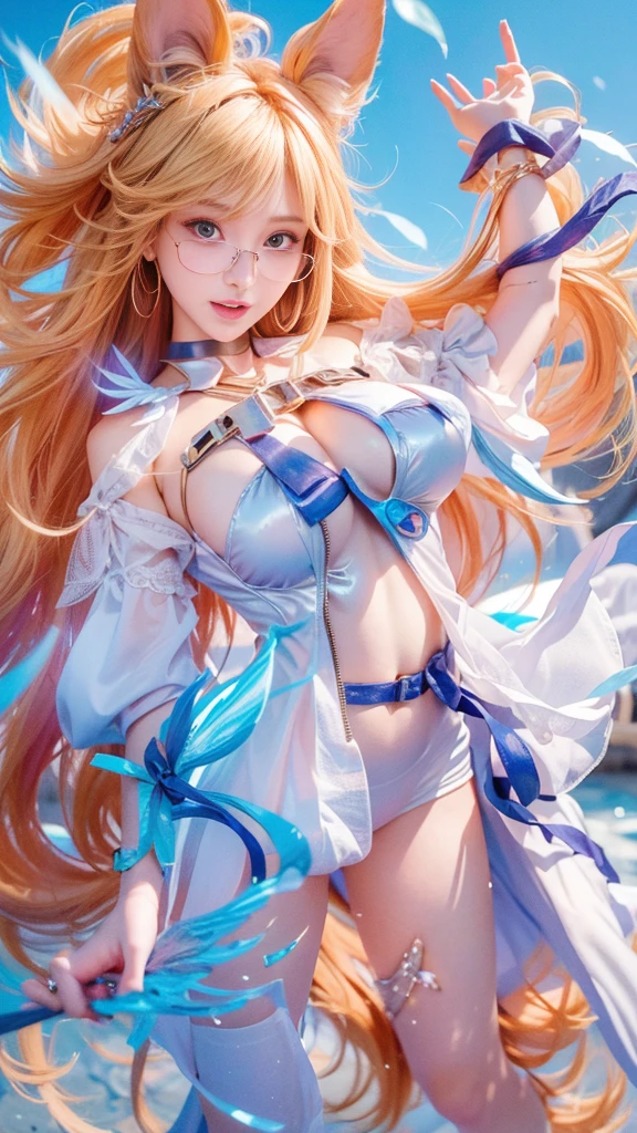 Blonde,Long twin tails,Very curled hair,Blue ribbon,Bright blue eyes,freckles,((Big Breasts)),teenager,(((Transparent raincoat))),(((Blue micro bikini))),Night Road