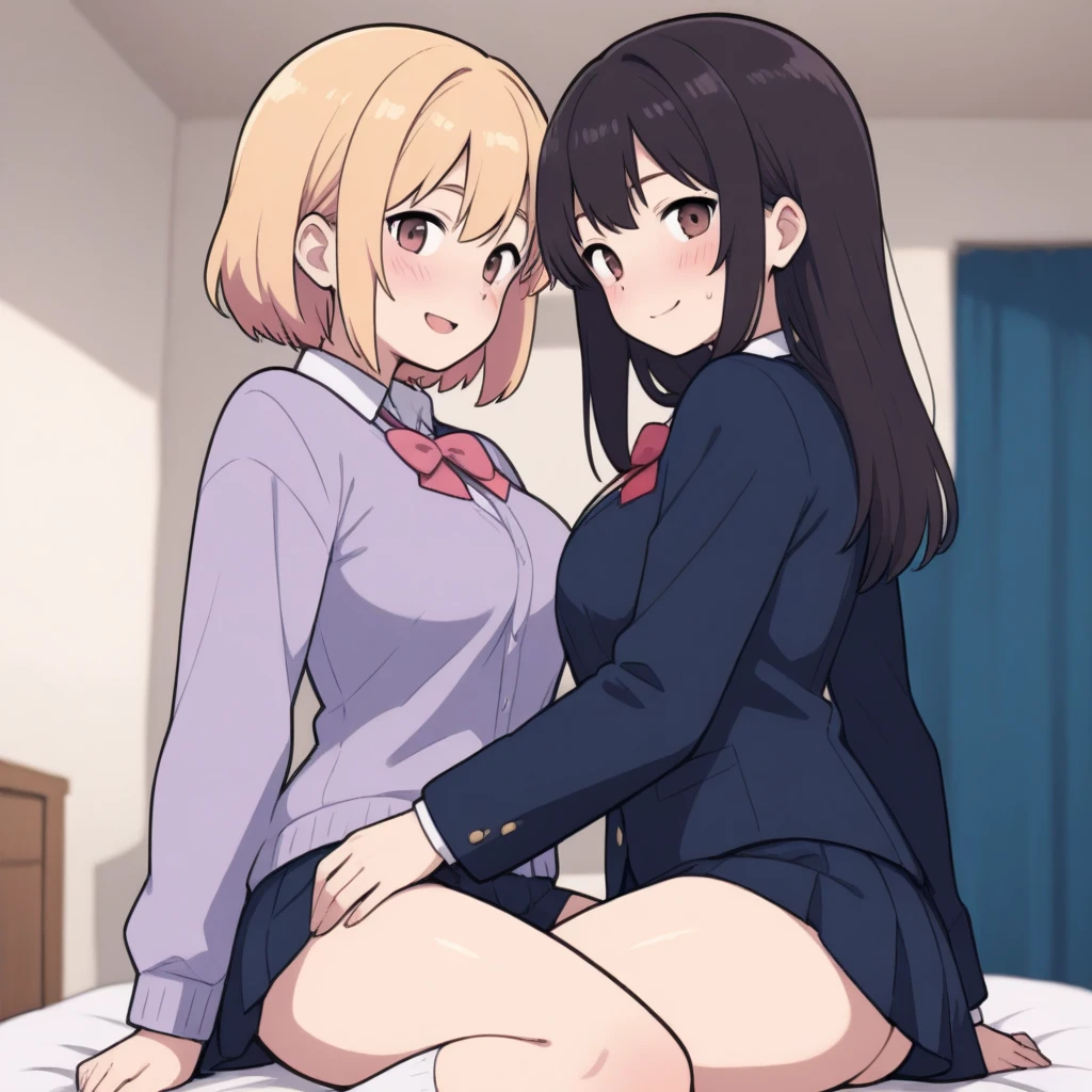 Blonde bob, nude, black kneehighs, nsfw female masturbation, orgasm, girl trembling with sexual climax, vibrator, 2 girls, yuri