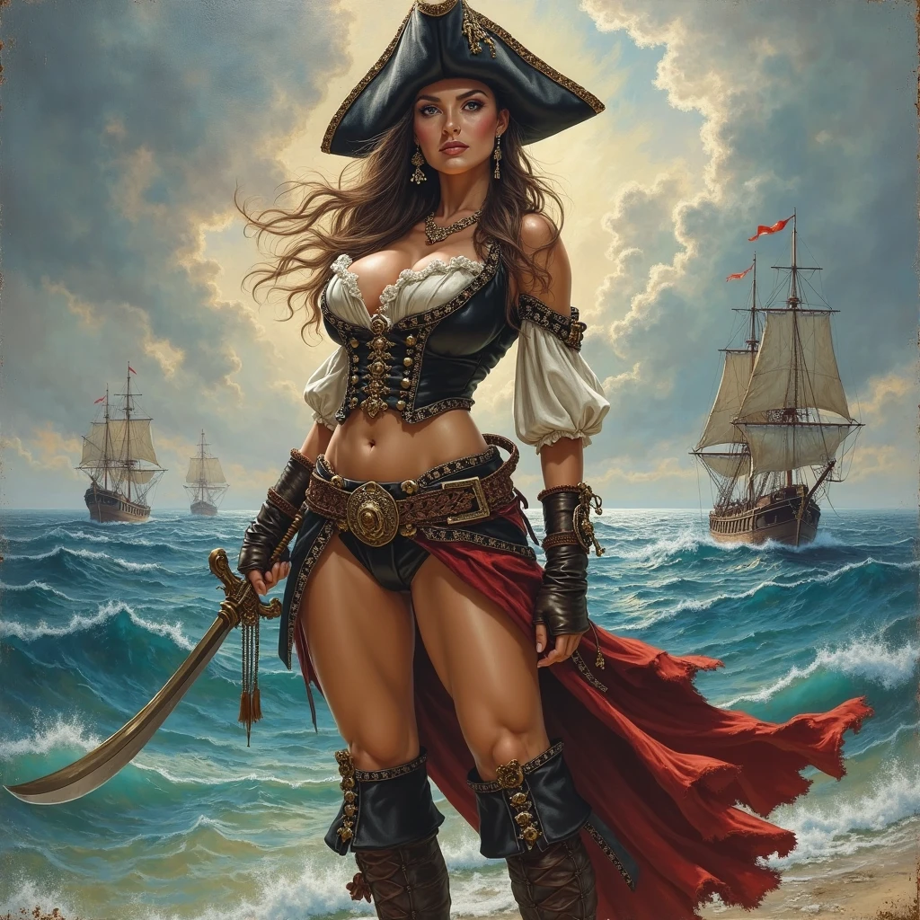 (masterpiece, ultra high resolution, pirate legend:1.3), Karla Jaeger, legendary pirate sovereign, (dauntless demeanor:1.2), bedecked in pirate finery, (ornate compass:1.1), guiding her to hidden fortunes, (tempest-tossed seas:1.1), fraught with peril, (secrets of the deep:1.1), waiting to be discovered, (mythical krakens:1.1), lurking in the depths, (whispers of mutiny:1.1), threatening her rule, Karla Jaeger, an indomitable force, reigning supreme over the tumultuous seas