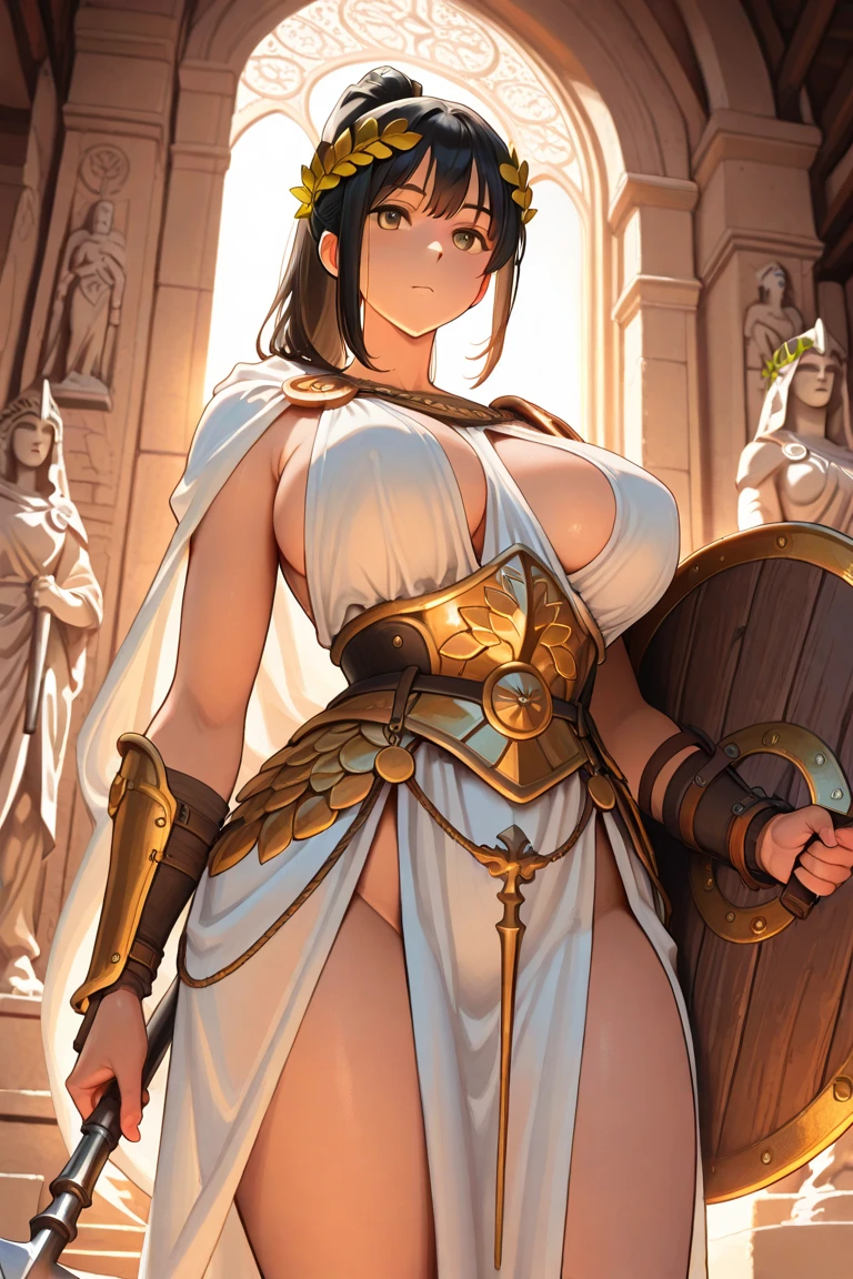 masterpiece, top quality, best quality, official art, beautiful and aesthetic:1.2), (1girl:1.3), dark brown hair in a huge ponytail, extremely detailed, portrait, looking at viewer, solo, (full body:0.6), detailed background, close up, (hot summer coliseum theme:1.1), busty human gladiatrix, charlatan, mysterious, walking in forest, extremely revealing bronze gladiator attire, naked, bare midriff, spear and shield, metal bikini, topless, brown leather straps, bracers, loincloth, gauntlets, helmet, facemask, long boots, buckles, straps, light grey fabric, brown leather, ((((gigantic breasts, cleavage, skindentation)))), muscular, strong, slim waist, slim hips, long legs, Ancient Rome (Roman coliseum arena exterior:1.1) background, dark mysterious lighting, shadows, magical atmosphere, dutch angle,