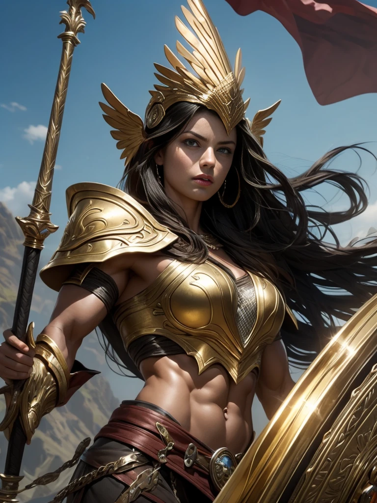 A fierce and powerful female warrior stands resolutely amidst a battlefield, her expression determined and unwavering. She is clad in intricate bronze armor that gleams with a golden hue, including a detailed breastplate and pauldrons. Her helmet, adorned with a large, plume-like crest, adds to her imposing presence. The warrior holds a large, ornate shield with a sunburst design, its surface scarred from battle. Fiery embers float in the air around her, illuminating her flowing hair and the edges of her armor. The background hints at a smoky, war-torn environment, enhancing the dramatic atmosphere