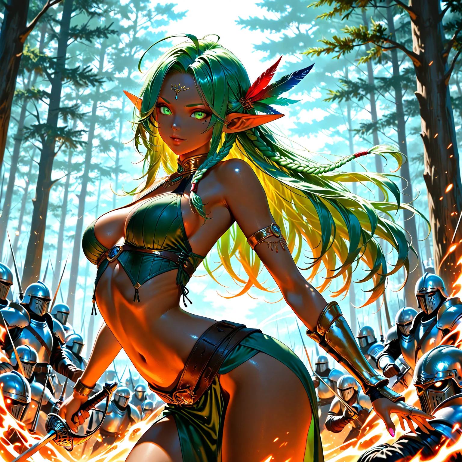 1girl, ((medium chest)), (cut abdomen: 1.1), (perfect body: 1.1), (long straight hair: 1.2), ((braided long green hair)), ((Green eyes)), ((eyes emitting a green glow)), full body, (dark elf), ((dark skin):1.4), ((barbarian costume)), wearing extremely detailed and richly detailed sewn and beaten antique leather breastplate, antique leather shorts sewn rich in details, wide belt falling on the side, body with many highlighted and detailed scars, image portraying an elven warrior after battle, some scratches, marks on the body, very serious and concentrated expression wandering the river bank. (((Huge, overly detailed and heavily battle damaged sword))). (extremely detailed 8k CG wallpaper), (extremely delicate and beautiful), (masterpiece), (best quality: 1.0), (ultra high resolution: 1.0), beautiful lighting, perfect lighting, realistic shadows, [high resolution ], detailed skin, ((skin texture)), super detailed