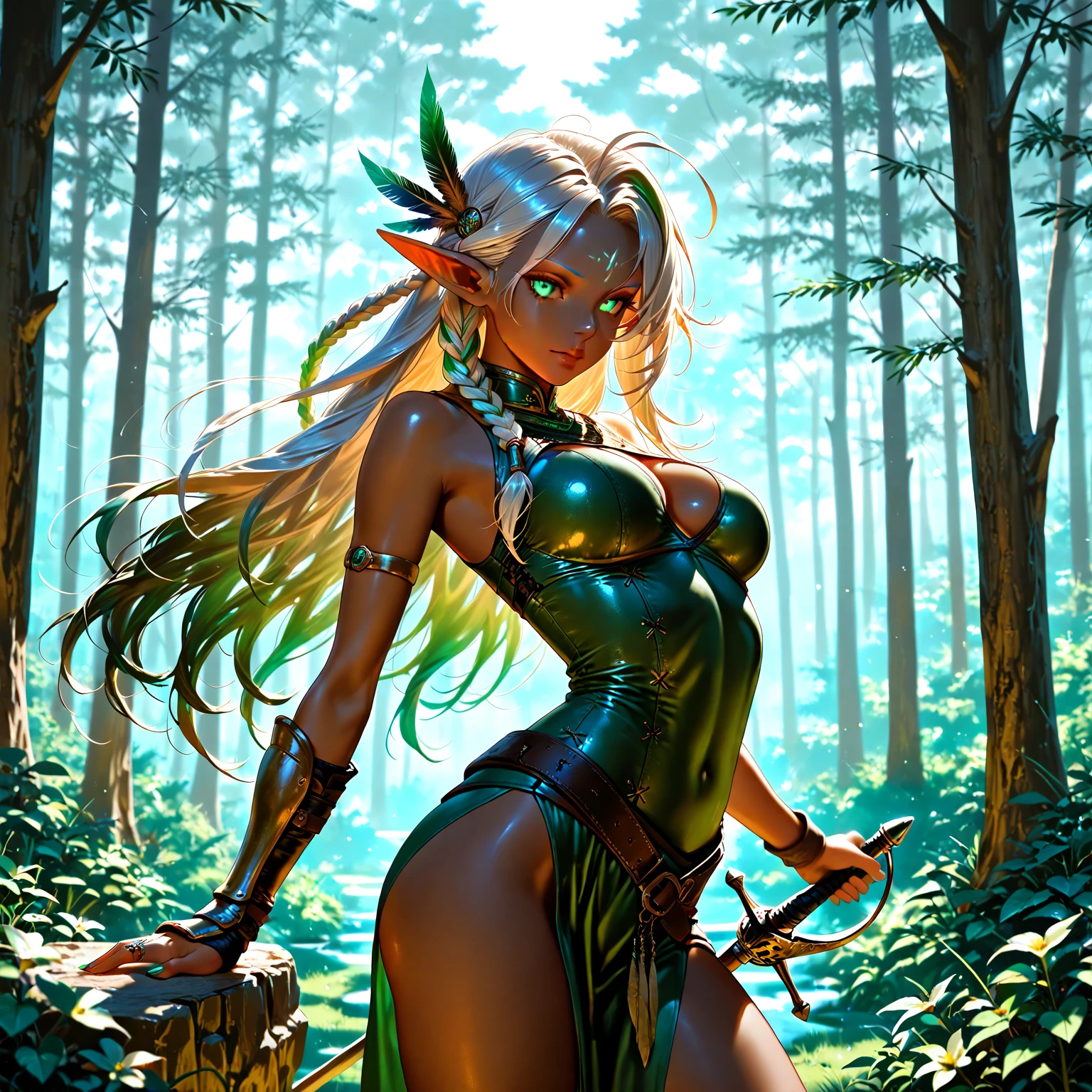 fantasy, 1forest_elemental_girl, fighting, (using_leaves_clothes, green_leaves_covered_breasts, leaves_covered_pussy)+++,medium_breasts,dynamic_pose_standing, light_smile, sleepy, medium_hair, navel,(dark_skin)+, oil, (winding_vine_around_torso)++, plump,forest, trees_background, leaves_headgear, green_leaves_cape, hold_large_long_staff, thighhighs,