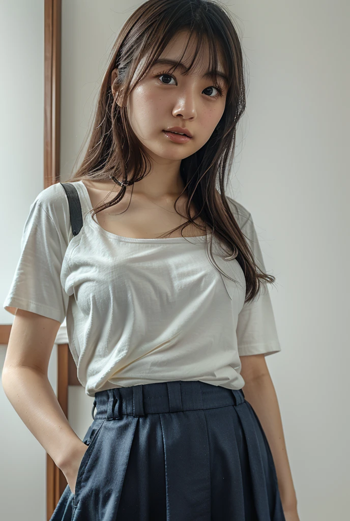 (((One girl,alone))),(Highly realistic photos, High resolution, Detailed face, Beautiful Eyes) Japanese women, 21 years old, Cute Face, alone:1, Nice body, Medium chest, ,Hairstyle, Take a photo book,,Healthy Body,Thighs、Inside the skirt、