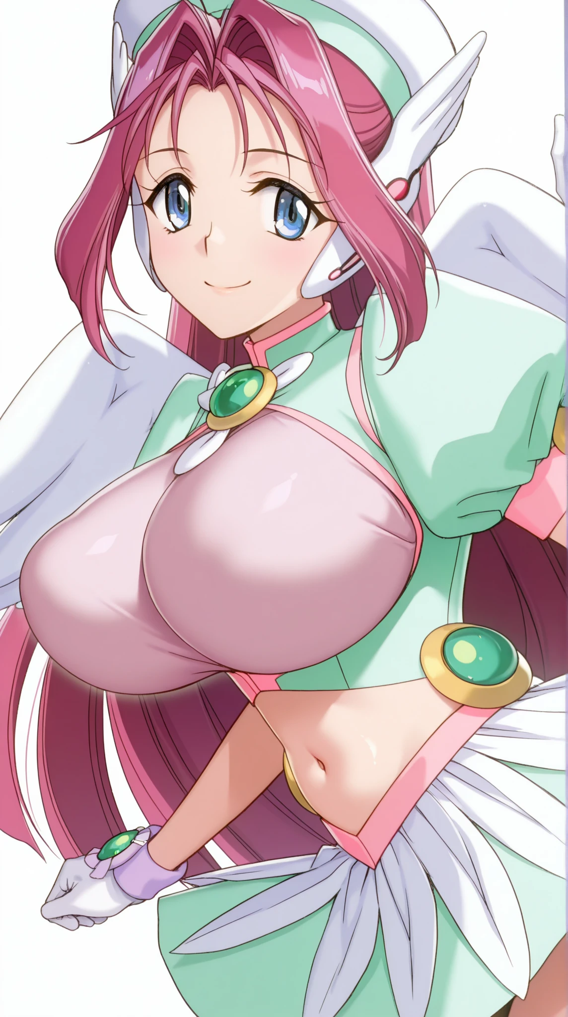 (best quality:1.2), tabletop, cowboy shot, alone, 1 girl, more Campbell, mischievous smile, looking at the viewer, raising arm, star hair accessory, high-cut leotard, skirt, gloves, extremely large breasts, (emphasis on nipples:1.5), shiny costume, (clothed gap:1.5), (heart pasties), (nude)