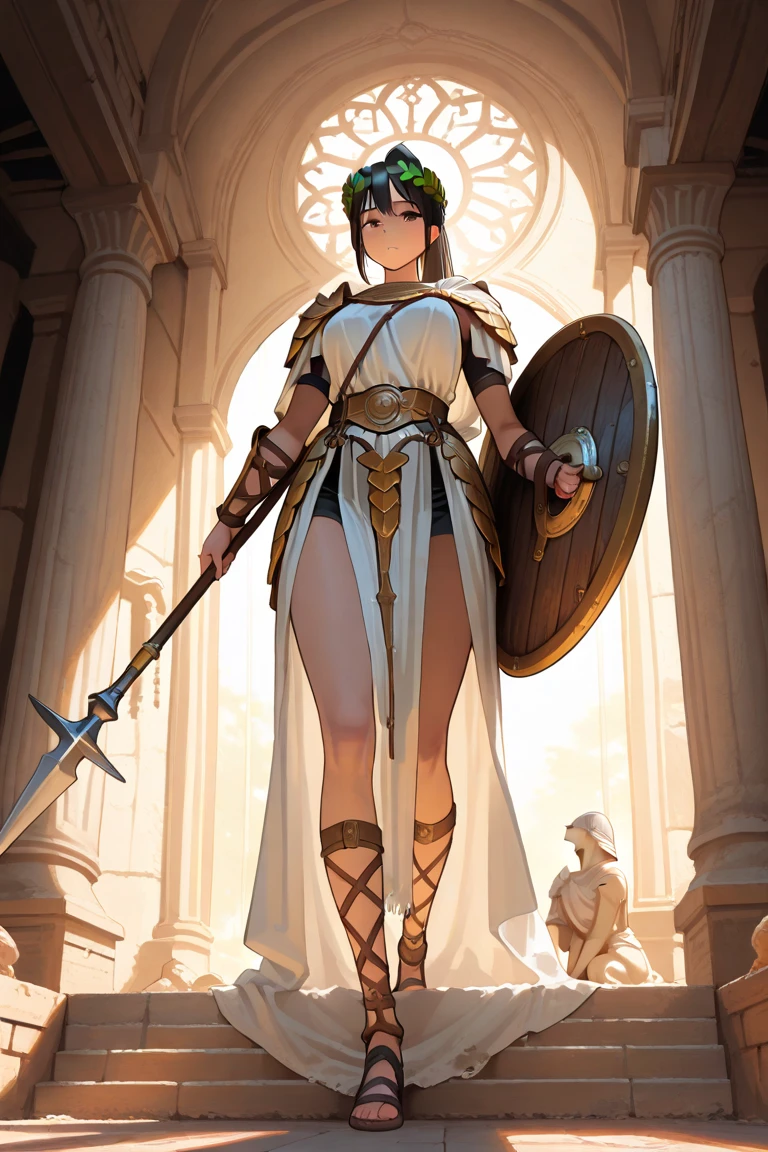 Masterpiece, Best quality, high resolution, Solo,
1girll, blond hairbl, Yellow eyes, pony tails, Animal ears, Tail,
Original costume 2, a white long skirt, Armor, sword, A shield,