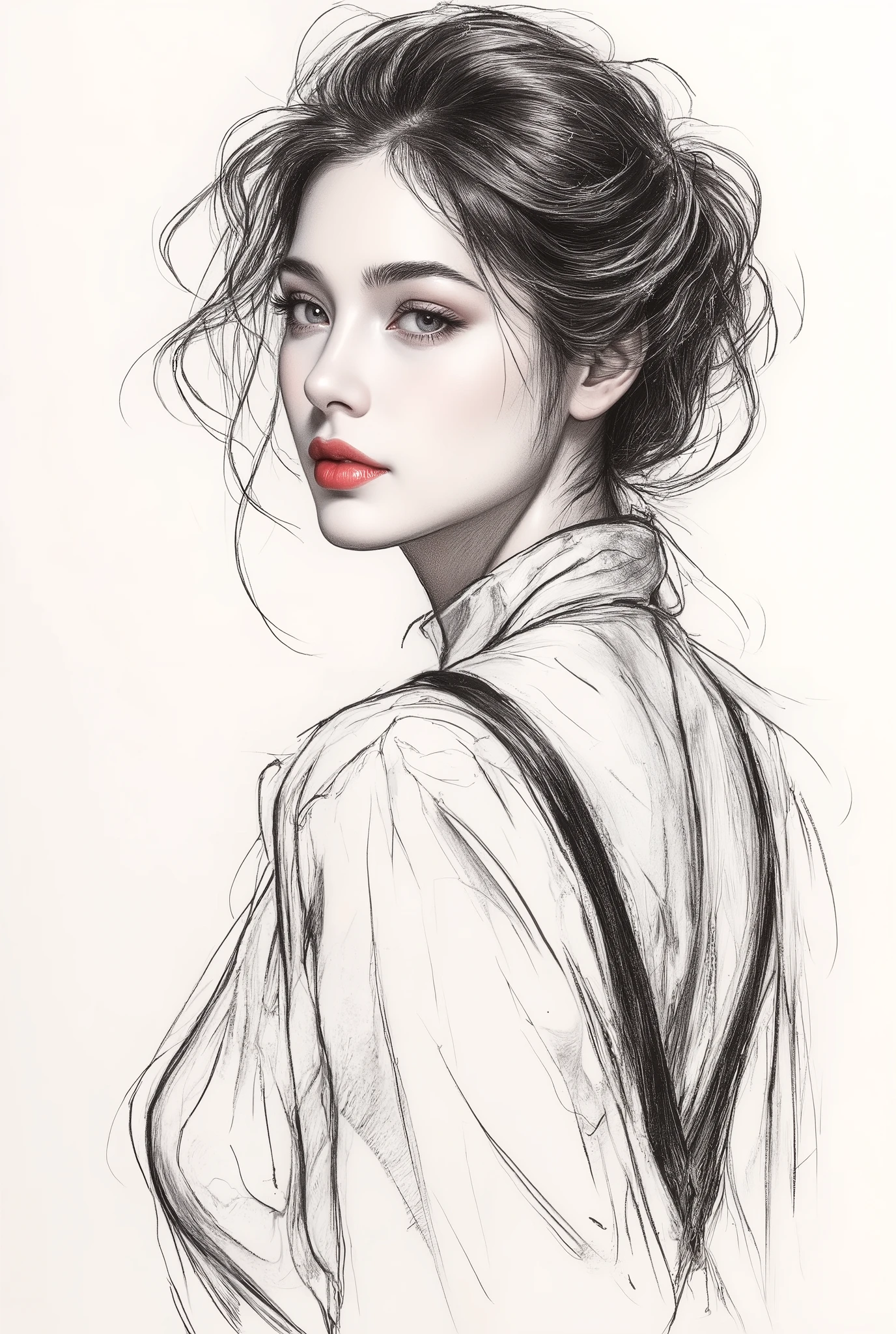 Monochrome ink painting , Pen sketch , gentle brushstrokes , and the pen draws delicate lines , Fluid Action , Subtle shades of paint , elegant posture , gentle expression , things to draw、with an emphasis on simplicity and restraint、focuses on delicate facial features from black and white to a pretty, small red . :::: perfect anatomy , contemporary , Sophisticated Design , Impressive , artistic , Innovative , esthetic , Futuristic , Cutting edge , elegant , chic , colorful , This composition is、Along with Neo Mode、blending modern and traditional elements along with Neo Mode, the , avant-garde style , characterized by elegant lines , bright color , and exquisite details , Forest Lake , elegant narrative , This work emphasizes understated colors , clean line , smooth curves , and sleek contours , thick outlines and Expressed with a sharp , sharp edge . overall composition is clean and sophisticated , stylish impression like a fashion magazine , Professional , and elegant , with an emphasis on simplicity and restraint rather than bright color ,