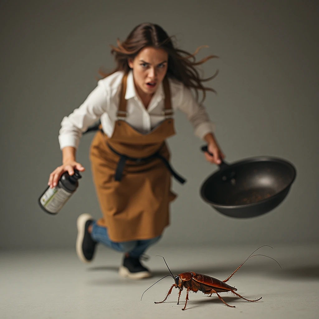 A woman is scared when she sees a cockroach in her kitchen