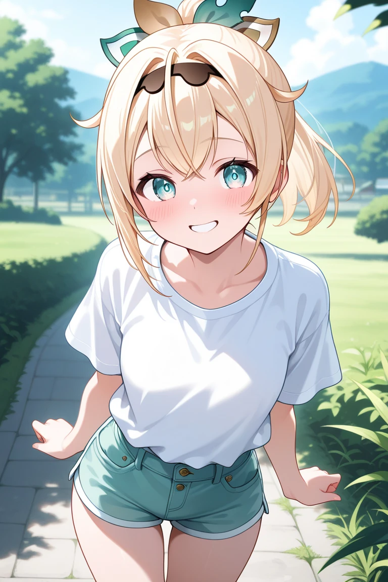 (masterpiece), (best quality), perfect face, beautiful girl, white background background, delicate and beautiful face and eyes, dark intense shadow, 
1 girl, vtuber style, cool girl, hololive, Kazama Iroha, ligth blond hair, t-shirt, wet body, small chest, cropped shoulders, clavicle, winking, smile, bare feet, body visible through clothes, chest visible through clothes, ass visible through thighs, (full body), looking at viewer, standing, 