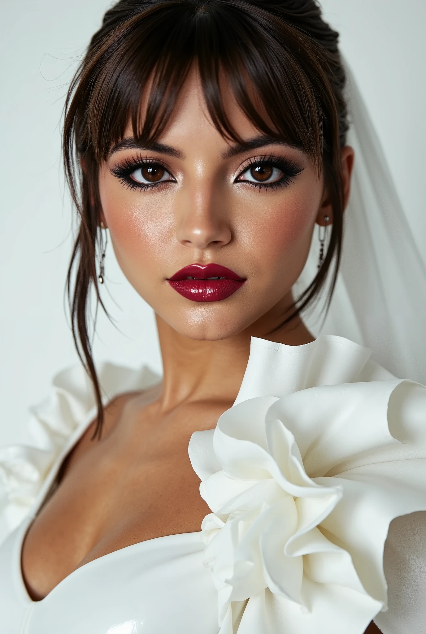 red lip gloss, thick black eyeliner flicks, mascara, face close up, beautiful brown hair, white latex rubber wedding dress with ruffles and latex veil, huge oily tits,