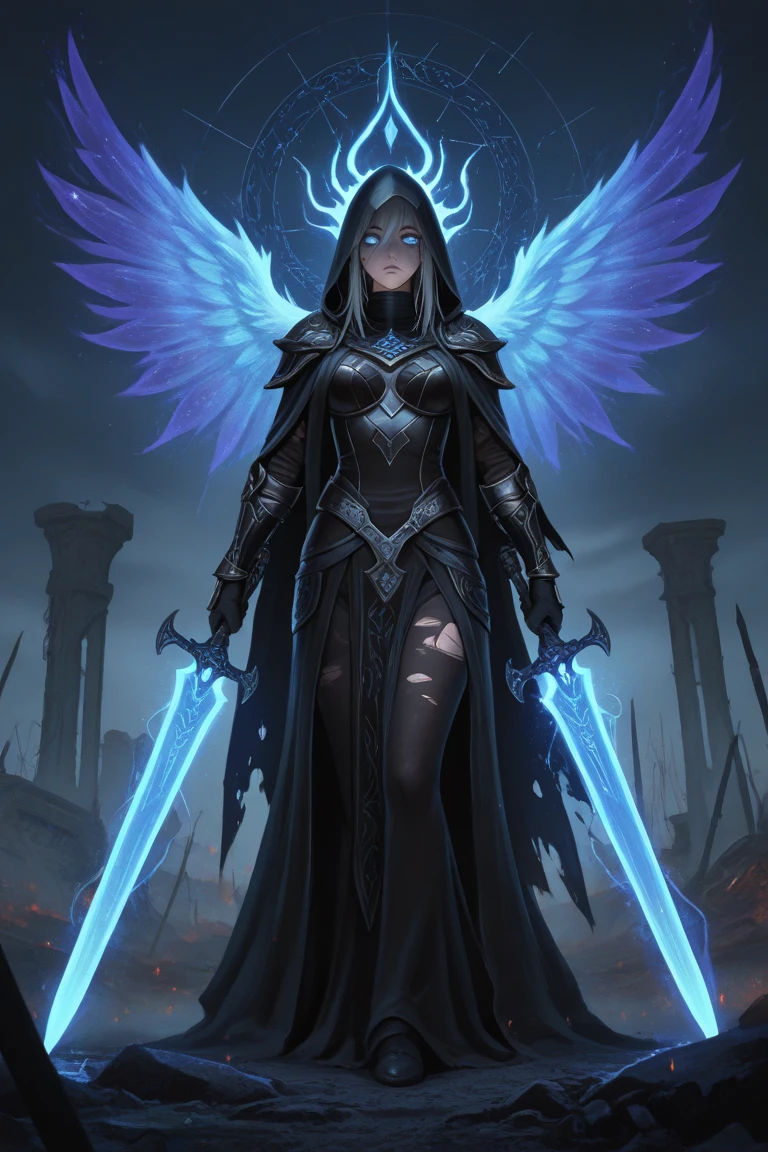 Nyx, the Shadow Guardian – masterpiece, best quality, cinematic lighting, natural shadows, ultra-detailed, anime style, dramatic fantasy background.
A towering Sombranata warrior with silver hair, sharp violet eyes glowing faintly in the darkness. Her face is marked by battle—small scars and a delicate, dark sigil beneath her eye. Her expression is unreadable, balancing between serenity and quiet menace, exuding an aura of control and absolute precision.
She wears obsidian plate armor, intricately engraved with arcane symbols, absorbing light rather than reflecting it. The pauldrons resemble fragmented wings, giving her the silhouette of a phantom. A long cloak of shadow flows behind her, shifting like liquid midnight, adorned with constellation-like patterns barely visible in the dim light.
In her right hand, she wields twin ethereal blades, forged in darkness—one humming with violet spectral energy, the other carved with ancient runes that seem to shift and pulse. Her gauntlets bear subtle engravings of a lupine spirit, representing her spectral companion, a phantom wolf with glowing blue eyes that stalks nearby, its form flickering in and out of reality.
She stands poised in a war-torn battlefield, the air thick with mist and embers. Crumbling ruins surround her, remnants of an ancient conflict. Above, the sky is veiled in swirling darkness, broken only by streaks of silver light that illuminate her figure like a celestial force. Her stance is both commanding and elusive—a warrior who exists between dimensions, a guardian of forgotten realms.
The lighting is cinematic, casting deep contrasts between shadows and shimmering energy radiating from her blades. The fabric of her attire moves as if responding to the unseen forces around her. Wind shifts the dust on the battlefield, creating an atmosphere of anticipation—she is both the predator and the storm.
Epic fantasy, dark surrealism, supernatural presence, intricate battle attire, glowing magical details, haunting