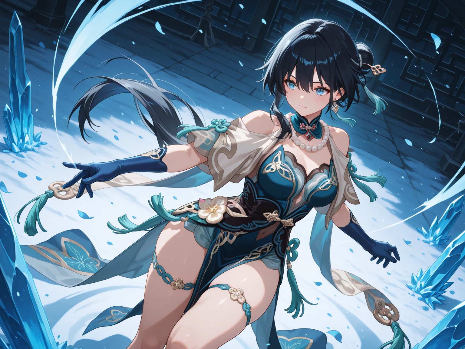 Battlefield with plum petals fluttering、dark-haired RuanMeibren preparing to attack、ice effect with a mixture of blue and green shining from fingers in a dancing gesture、full-body wide shot、ultra high definition anime style、アクリル絵の具によるsuper quality油絵の表現、Hair shakes violently in response to the wind、Cool and bright colors、powerful action scene、speedline at night、Heroic atmosphere、Focus on Her Eyes、Negative Space Composition、masterpiece、super quality、Detailed characters、hair ornament,bare shoulders,chinese clothes,black hair,large thighs,blue gloves,thigh strap,necklace,blue footwear,blue eyes,pelvic curtain,hair bun,earrings,
