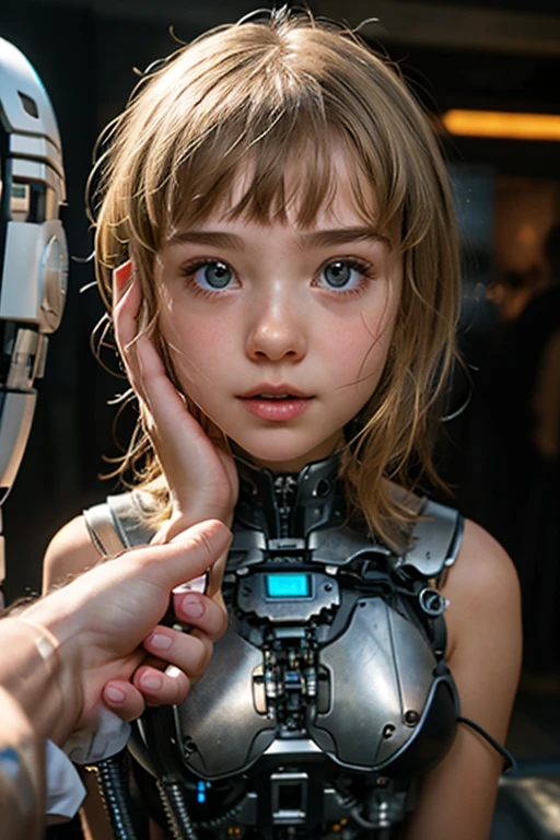 A metal robot carries a naked woman in its arms. The robot has a metal head with one central lenticular eye. The woman in the robot's arms is naked, she has big breasts and long wet curly hair, hugs the robot. Las deszczowy w tle, legs.