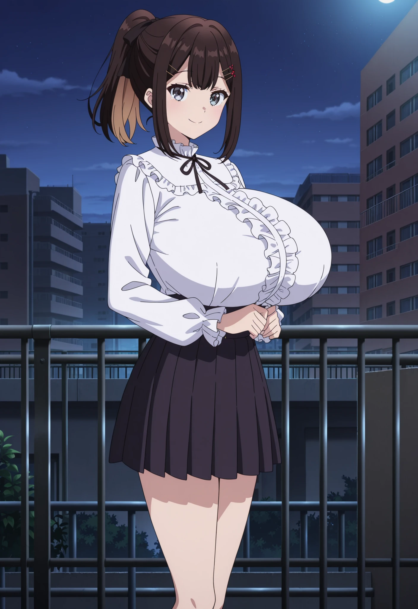 (((Pixel Perfect, Perfect in every detail))), alone, One Girl, tamako kitashirakawa, , Show Viewer, smile, （High School Uniform）、(Huge breasts:1.5)、Black knee-length pleated skirt with suspenders、White shirt