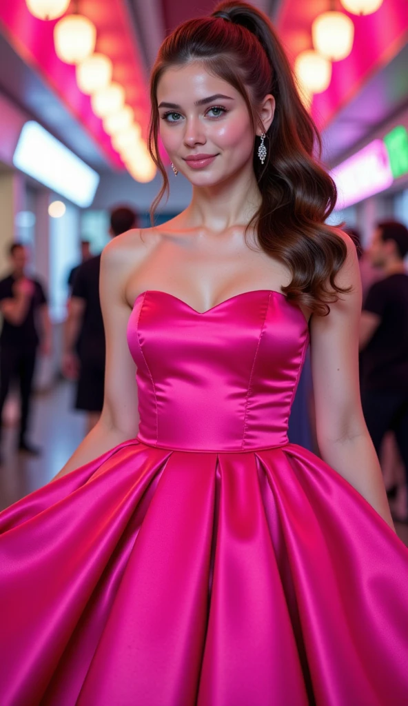(((high quality:1.2))), Work of art, (8k), extremely detailed, ((High detail:1.2)) ((best resolution)), (Hotlexi woman), (Kenzie Reeves), Solo, ((24 years old brunette female)), (cute puffy dress), (standing, close),