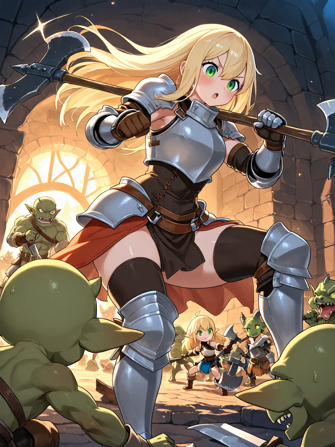 A schoolgirl、Isekai Tensei、Fantasy World、Female Warrior、bikini-armor、fundoshi、pouch、shields、Sword of Extraction、Swarm of goblins、Desperate、Chastity crisis